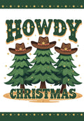 Front of Howdy Doo Season greeting card featuring three cartoon evergreen trees wearing brown cowboy hats with gold stars, set against a white background with green borders and small gold stars. The bold text 'HOWDY CHRISTMAS' is prominently displayed above the trees.