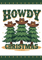 Front of Howdy Doo Season greeting card featuring three cartoon evergreen trees wearing brown cowboy hats with gold stars, set against a white background with green borders and small gold stars. The bold text 'HOWDY CHRISTMAS' is prominently displayed above the trees.