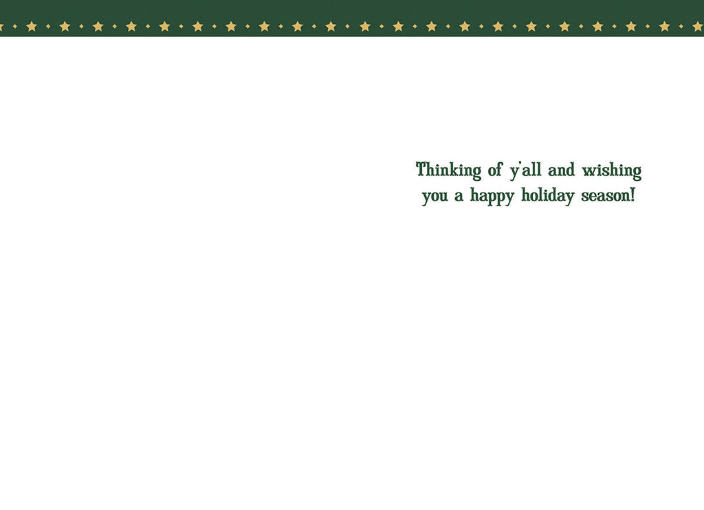 Inside view of a Howdy Doo Season greeting card with a simple white background and a green starry border at the top. The message reads 'Thinking of y'all and wishing you a happy holiday season!'