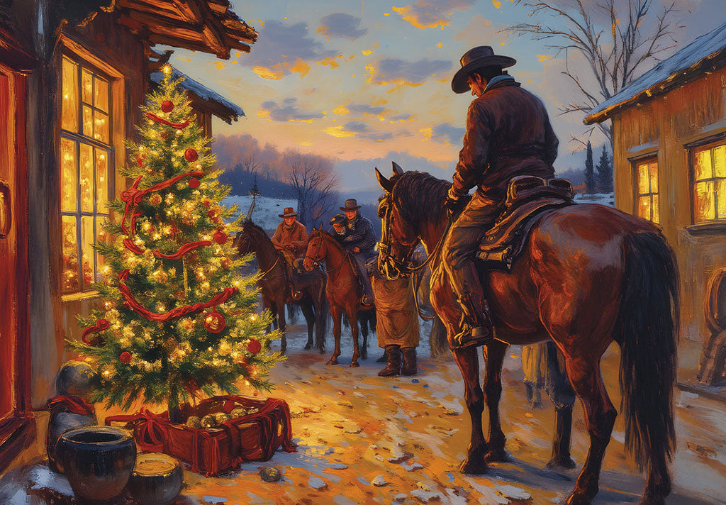 Painting of cowboys on horseback in a snowy western town at dusk, gathered around a brightly lit outdoor pine tree decorated with ornaments, reflecting a warm, nostalgic holiday scene.
