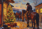 Painting of cowboys on horseback in a snowy western town at dusk, gathered around a brightly lit outdoor pine tree decorated with ornaments, reflecting a warm, nostalgic holiday scene.