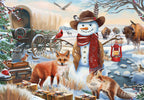 Front of a cute Christmas greeting card featuring a snowy winter wonderland scene with a festive snowman, two red foxes, majestic bison, a red cardinal, and a vintage covered wagon decorated for the holidays. Wrapped gifts are visible in the foreground.