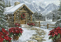 Snowy cabin in winter wonderland with red poinsettias, festive wreath on door, and snow-capped mountains. Ideal for serene holiday greetings.