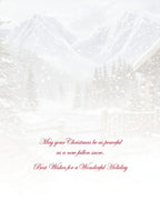 Inside of a peaceful holiday card with elegant script: 'May your Christmas be as peaceful as a new fallen snow. Best Wishes for a Wonderful Holiday.'