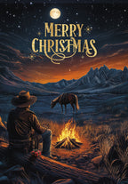 Rustic Western holiday card featuring a cowboy by a campfire, horse, and mountains under a full moon and starry night sky, with 'MERRY CHRISTMAS' in gold lettering.