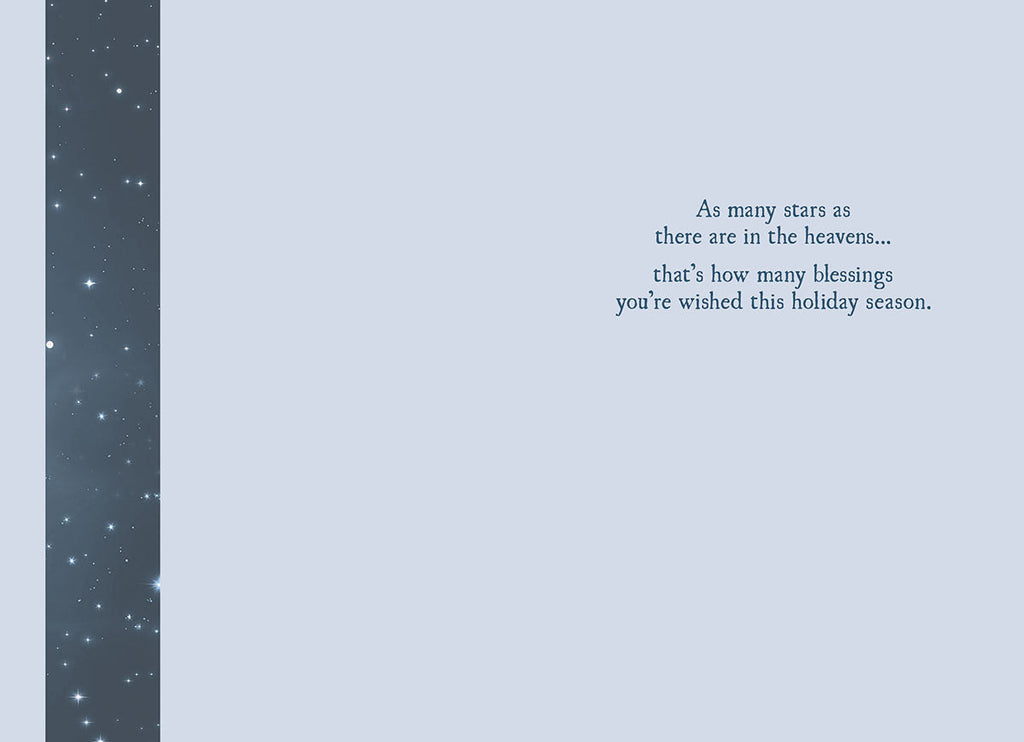 Inside of a holiday greeting card with light blue background and dark blue text: 'As many stars as there are in the heavens... that's how many blessings you're wished this holiday season.'