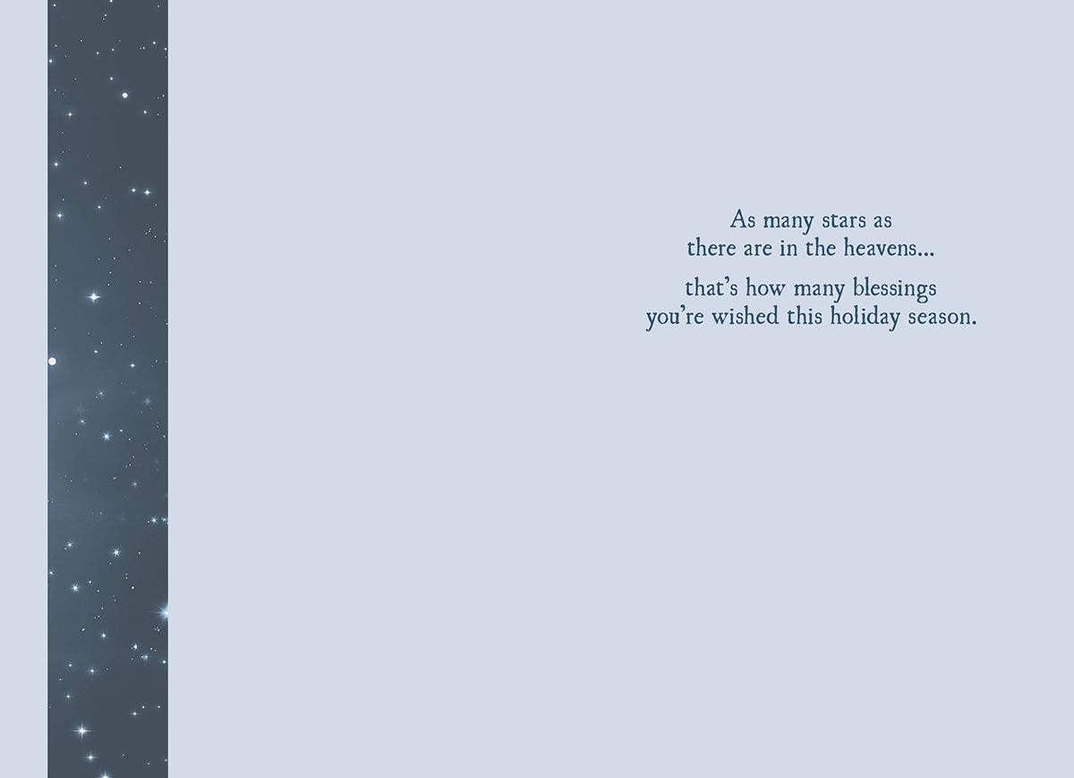 Inside of a holiday greeting card with light blue background and dark blue text: 'As many stars as there are in the heavens... that's how many blessings you're wished this holiday season.'
