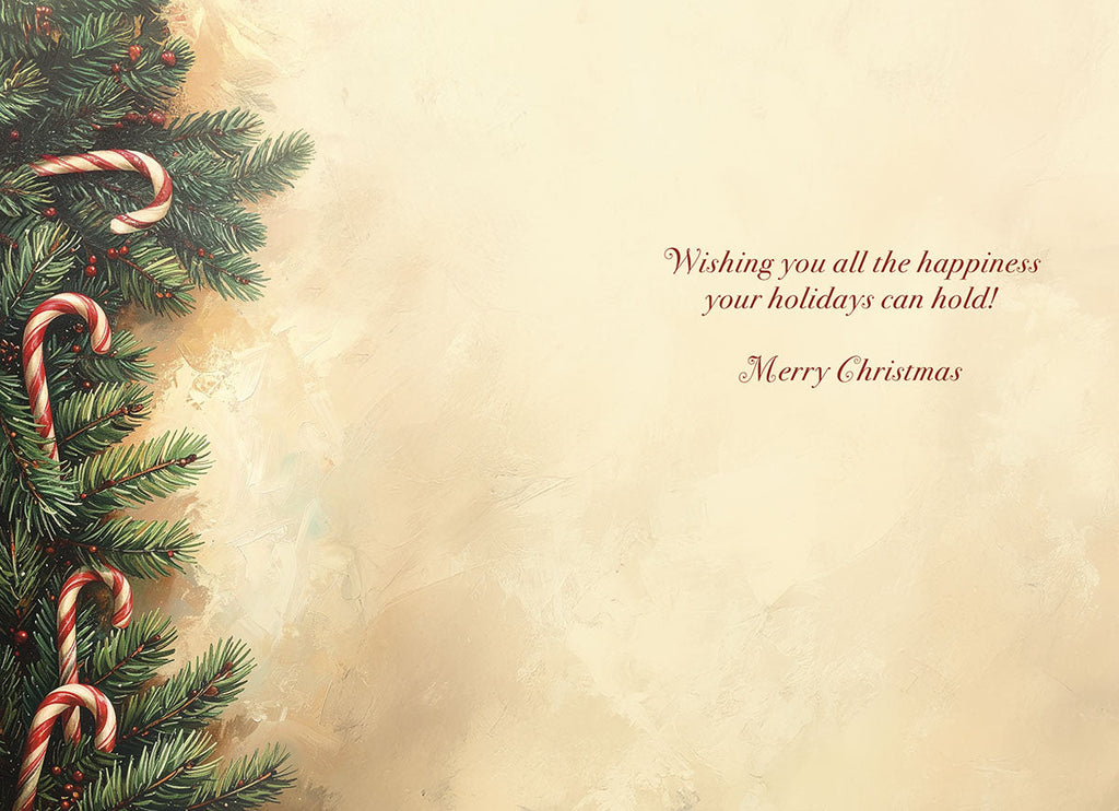 The inside of a heartfelt holiday greeting card, featuring a decorative border of green fir tree branches and red and white striped candy canes along the left edge. The right side has a warm, textured cream-colored background with the elegant printed message: 'Wishing you all the happiness your holidays can hold! Merry Christmas'.