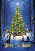 Front of a magical holiday greeting card featuring a brightly lit evergreen tree, deer, rabbits, and owls in a snowy winter forest under falling snow, wishing 'Merry Christmas'.