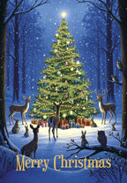 Front of a magical holiday greeting card featuring a brightly lit evergreen tree, deer, rabbits, and owls in a snowy winter forest under falling snow, wishing 'Merry Christmas'.