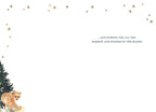 Inside of a serene winter greeting card with a small fox peeking from a snowy evergreen tree, featuring the heartfelt message: '...AND WISHING YOU ALL THE WARMTH AND WONDER OF THE SEASON.'