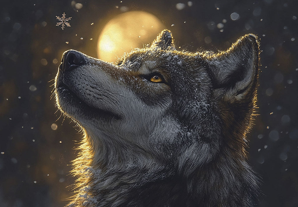 Majestic wolf gazing at a falling snowflake under a full moon, winter night scene, ideal for a seasonal greeting card.
