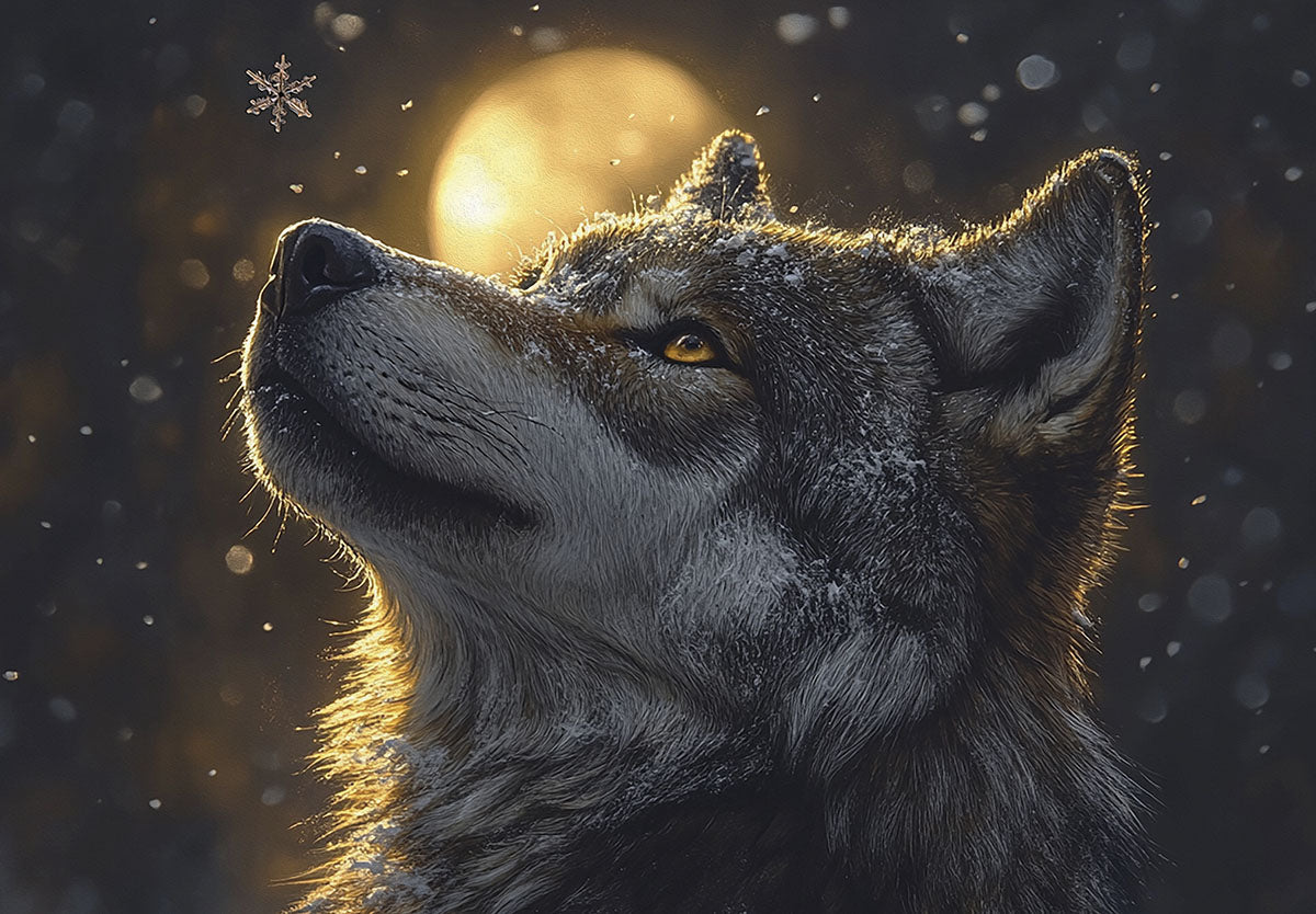 Majestic wolf gazing at a falling snowflake under a full moon, winter night scene, ideal for a seasonal greeting card.