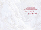 Inside of a greeting card with a delicate snowy background and elegant red script text reading 'Peace on Earth Goodwill to All' for the holiday season.
