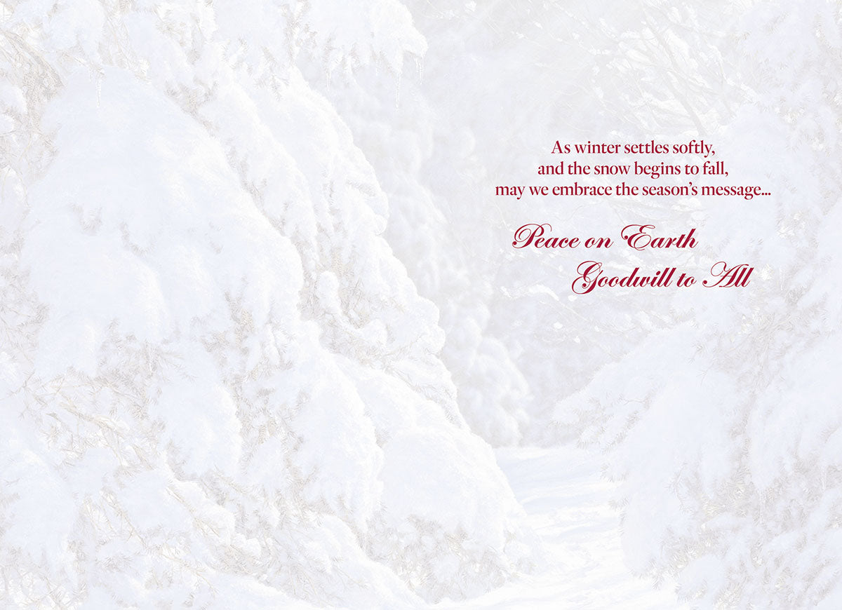 Inside of a greeting card with a delicate snowy background and elegant red script text reading 'Peace on Earth Goodwill to All' for the holiday season.