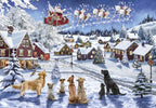 Enchanting winter greeting card featuring a snowy village at night, Santa's sleigh with reindeer, and an adorable group of dogs looking upwards, perfect for spreading festive cheer.