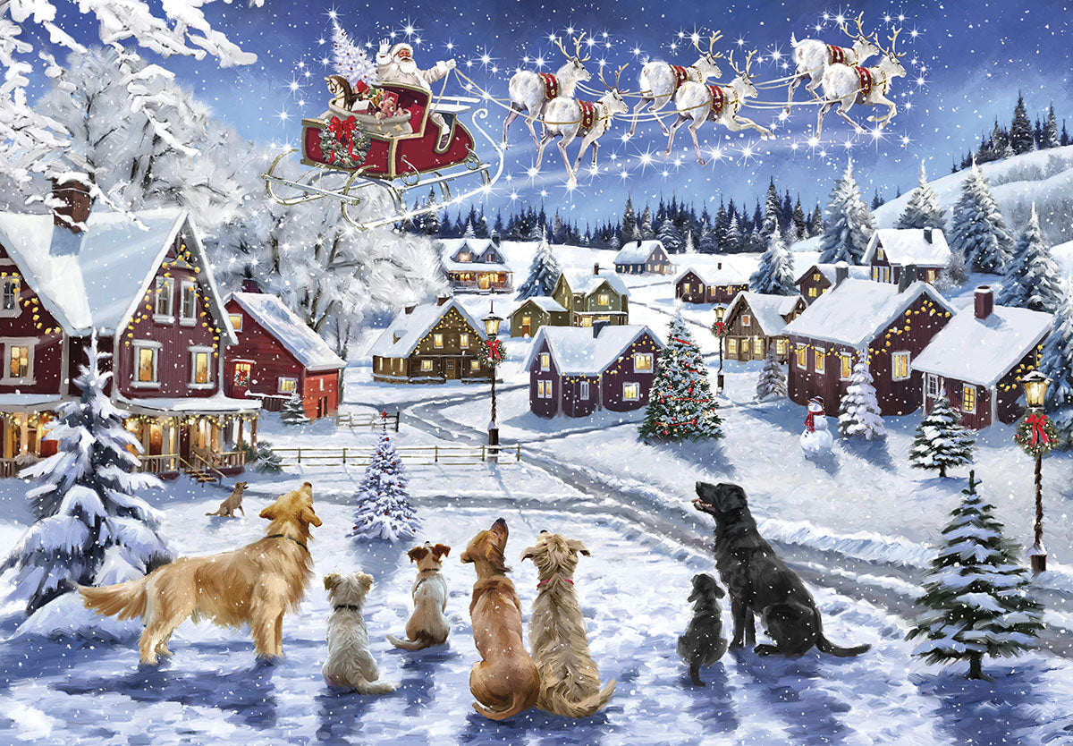 Enchanting winter greeting card featuring a snowy village at night, Santa's sleigh with reindeer, and an adorable group of dogs looking upwards, perfect for spreading festive cheer.