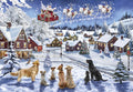 Enchanting winter greeting card featuring a snowy village at night, Santa's sleigh with reindeer, and an adorable group of dogs looking upwards, perfect for spreading festive cheer.