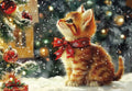 Adorable kitten wearing red bow collar looking up at falling snow next to decorated pine branches with red ornaments, festive holiday greeting card front, cozy winter scene.