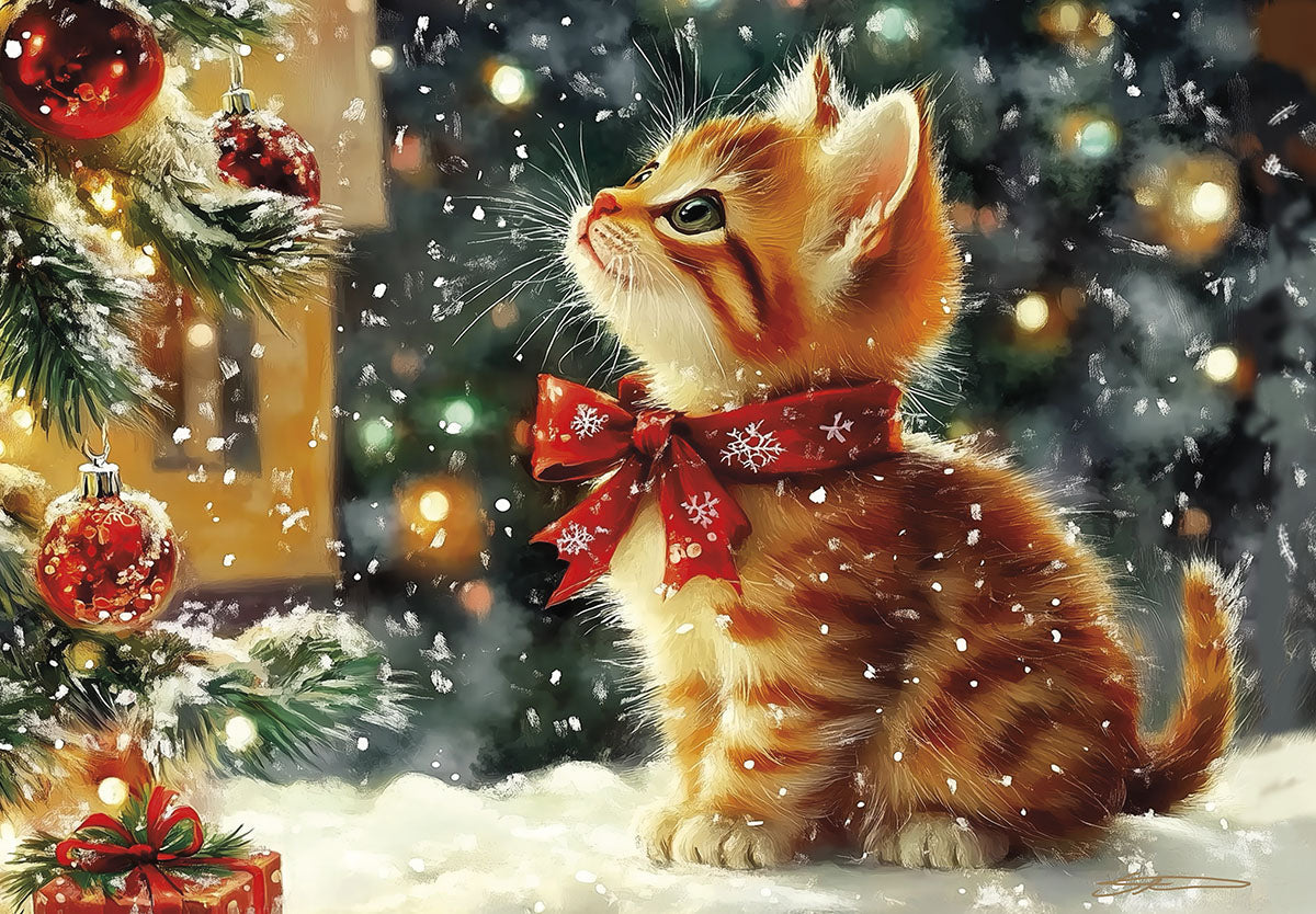 Adorable kitten wearing red bow collar looking up at falling snow next to decorated pine branches with red ornaments, festive holiday greeting card front, cozy winter scene.