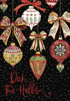 Front of a festive holiday greeting card featuring watercolor-style red, green, and gold ornaments, bows, and 'Deck the Halls' script on a dark, speckled background.