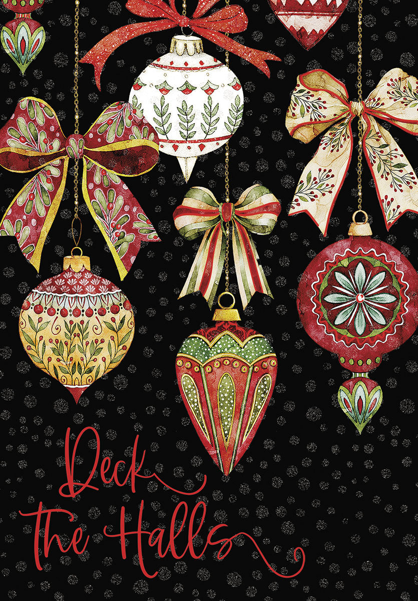 Front of a festive holiday greeting card featuring watercolor-style red, green, and gold ornaments, bows, and 'Deck the Halls' script on a dark, speckled background.
