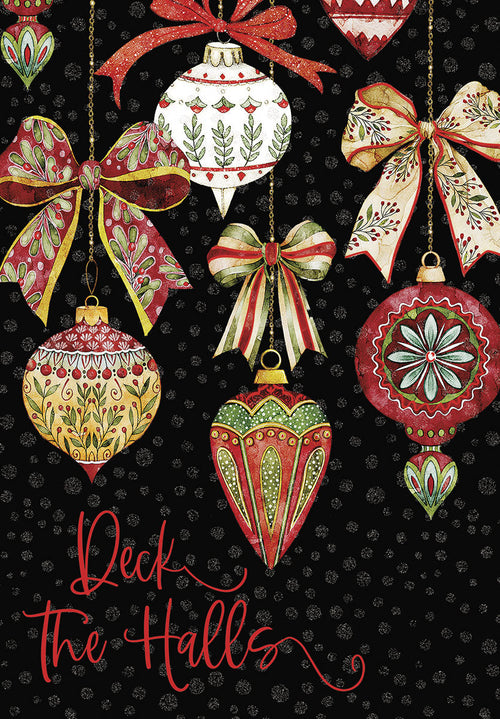 Front of a festive holiday greeting card featuring watercolor-style red, green, and gold ornaments, bows, and 'Deck the Halls' script on a dark, speckled background.