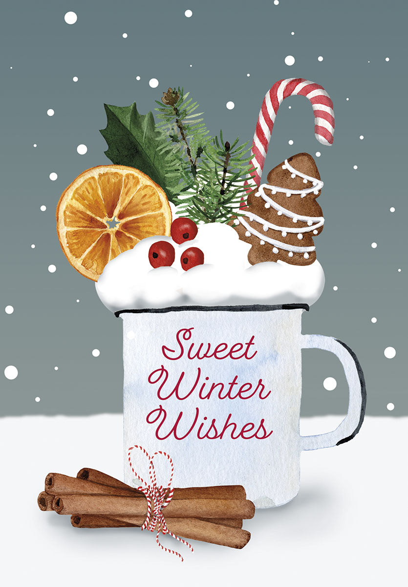 Festive holiday greeting card featuring a white enamel mug overflowing with whipped cream, a gingerbread tree cookie, candy cane, dried orange slice, red berries, and pine sprigs. Cinnamon sticks tied with twine rest at the base. The front reads 'Sweet Winter Wishes' on a snowy gray background, perfect for sending warm holiday greetings.