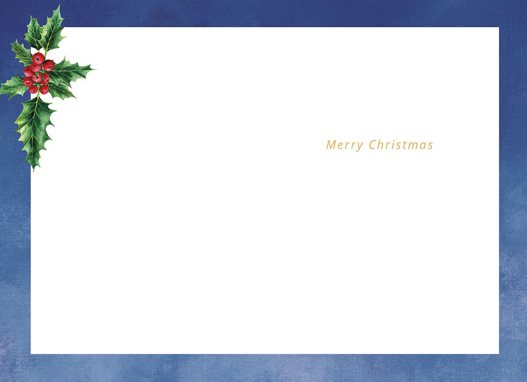 Inside of a religious holiday card with a clean white background, a decorative sprig of green holly and red berries in the top left corner, and subtle gold text 'Merry Christmas' centered.