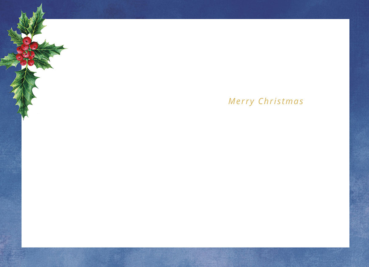 Inside of a religious holiday card with a clean white background, a decorative sprig of green holly and red berries in the top left corner, and subtle gold text 'Merry Christmas' centered.