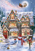 Enchanting snowy winter house illuminated with colorful festive lights, a snowman, rabbit, cardinal, and Santa's sleigh flying under a full moon, perfect for holiday greetings.