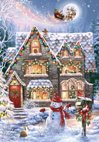 Enchanting snowy winter house illuminated with colorful festive lights, a snowman, rabbit, cardinal, and Santa's sleigh flying under a full moon, perfect for holiday greetings.