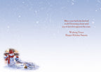 Inside of a holiday greeting card featuring a soft snowy background and the heartfelt message: 'May your halls be decked with Christmas cheer and joy to last throughout the year. Wishing You a Happy Holiday Season.'