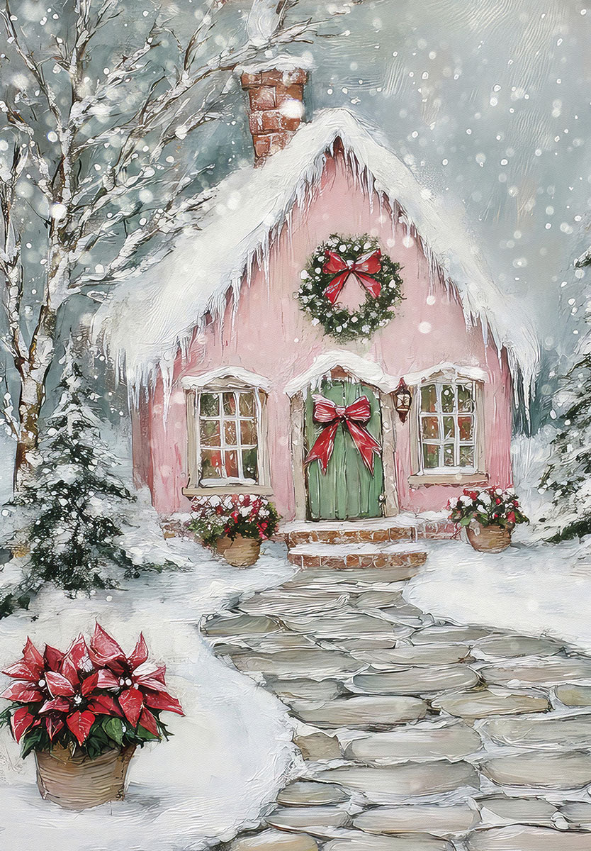 Charming pink snow-covered cottage greeting card with festive wreath, red bows, and potted poinsettias. Perfect for winter holiday wishes.