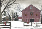 Rustic red barn holiday greeting card with snow, bare winter trees, festive string lights, wreaths, and red bows on a wooden fence, evoking a peaceful winter scene.