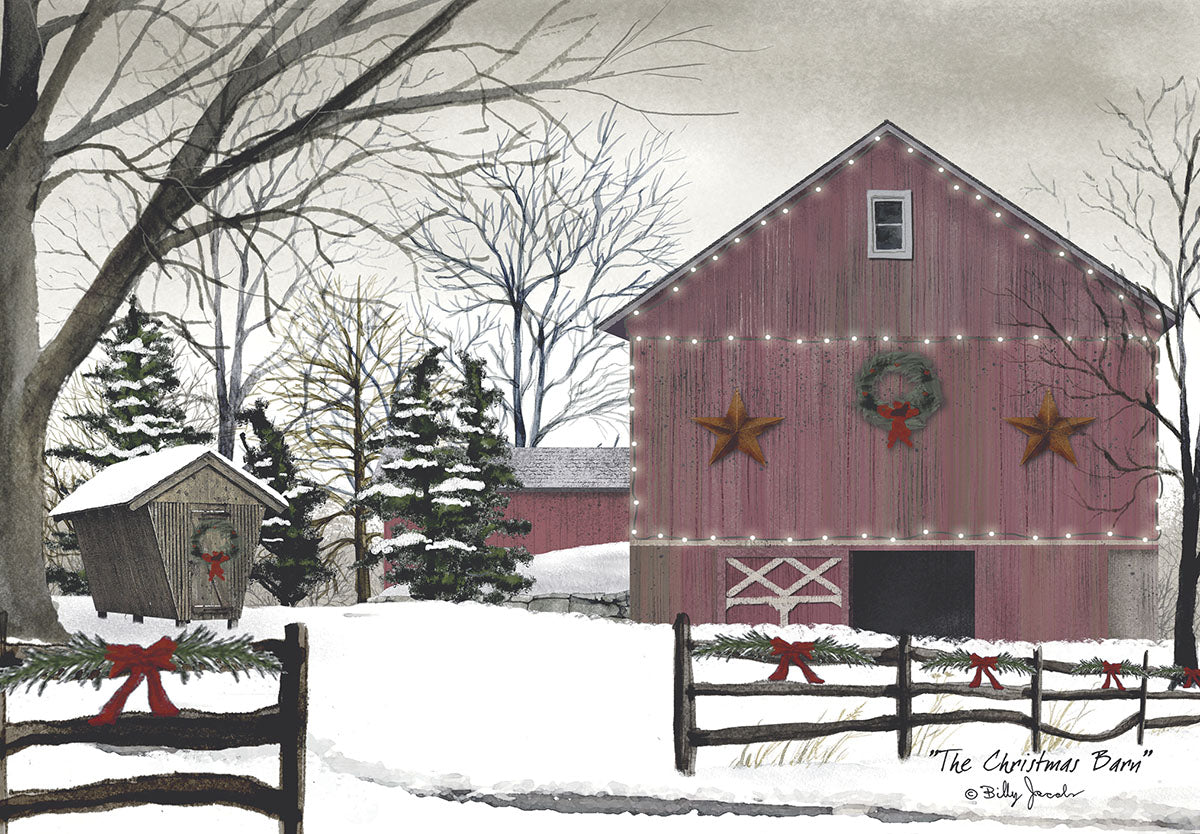 Rustic red barn holiday greeting card with snow, bare winter trees, festive string lights, wreaths, and red bows on a wooden fence, evoking a peaceful winter scene.