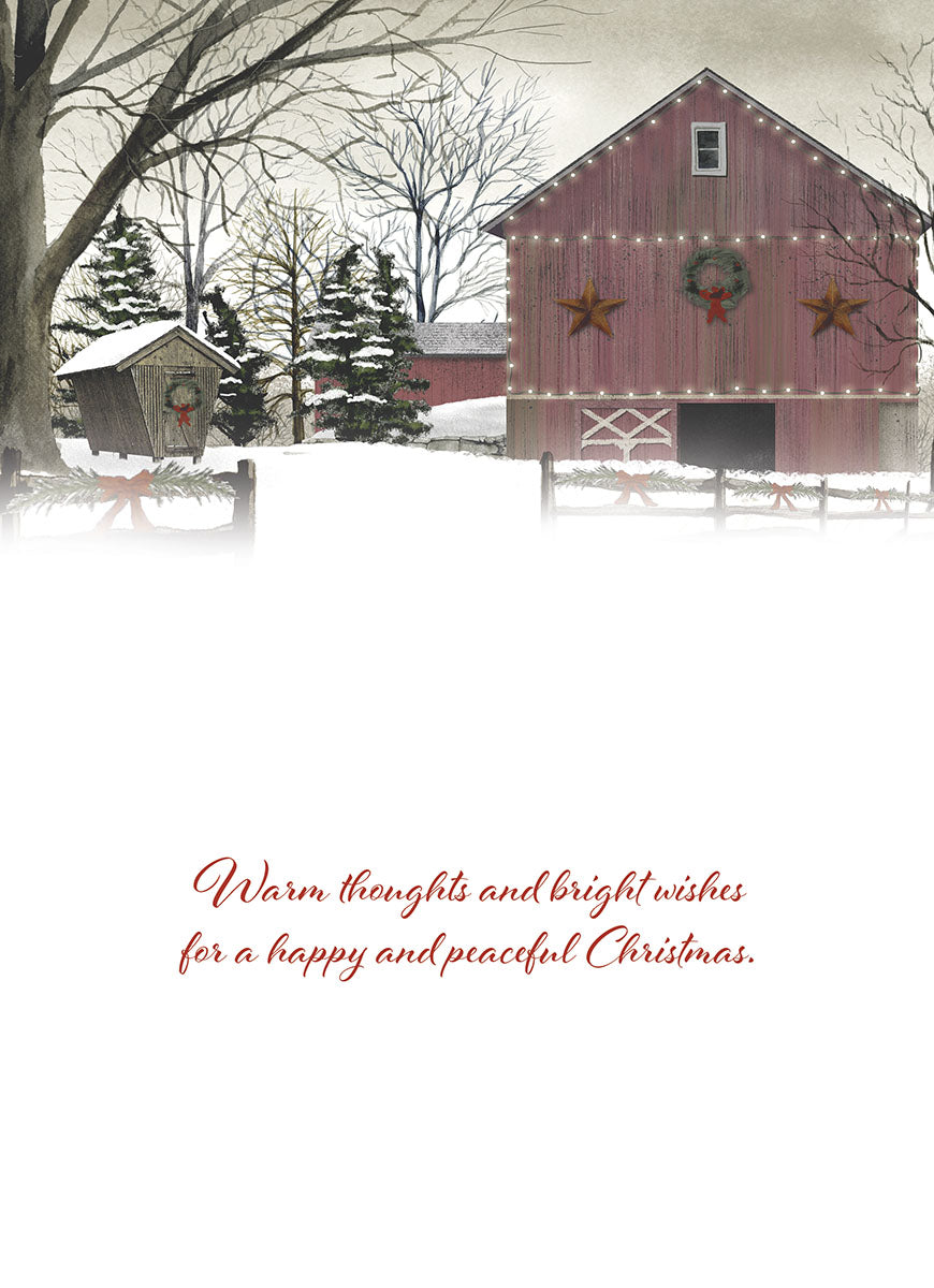 Inside of a serene Christmas greeting card featuring a heartfelt message: 'Warm thoughts and bright wishes for a happy and peaceful Christmas' in elegant red script.