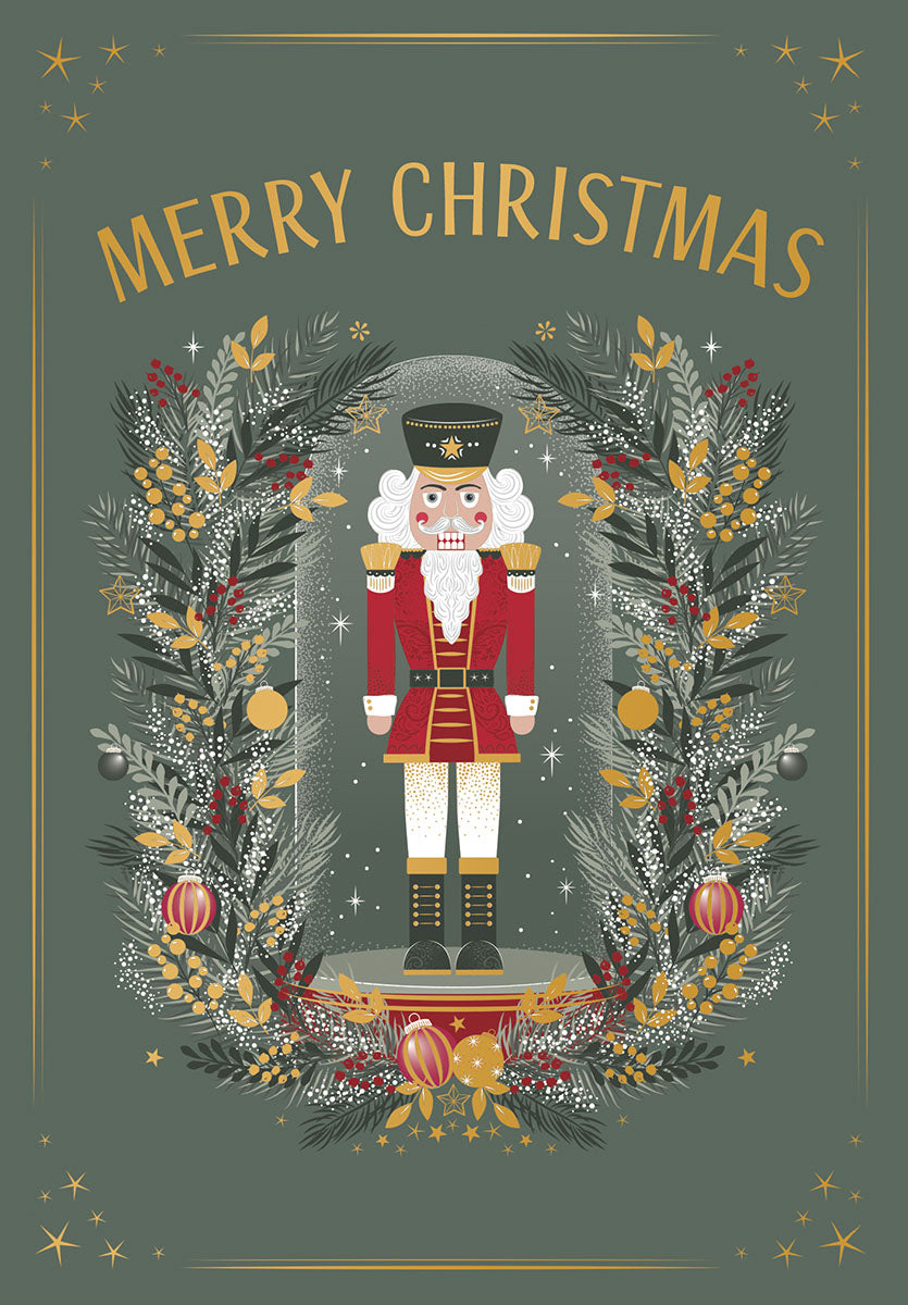 Elegant Nutcracker greeting card front, featuring a soldier in red uniform surrounded by a festive wreath with gold accents, berries, and pine, against a dark green background. Perfect for holiday wishes.