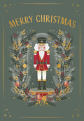Elegant Nutcracker greeting card front, featuring a soldier in red uniform surrounded by a festive wreath with gold accents, berries, and pine, against a dark green background. Perfect for holiday wishes.