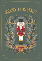 Elegant Nutcracker greeting card front, featuring a soldier in red uniform surrounded by a festive wreath with gold accents, berries, and pine, against a dark green background. Perfect for holiday wishes.