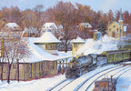 Vintage train arriving at a snow-covered Kirkwood station, surrounded by winter trees and traditional village buildings, perfect for a festive greeting card.