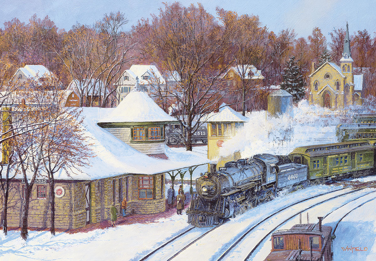 Vintage train arriving at a snow-covered Kirkwood station, surrounded by winter trees and traditional village buildings, perfect for a festive greeting card.