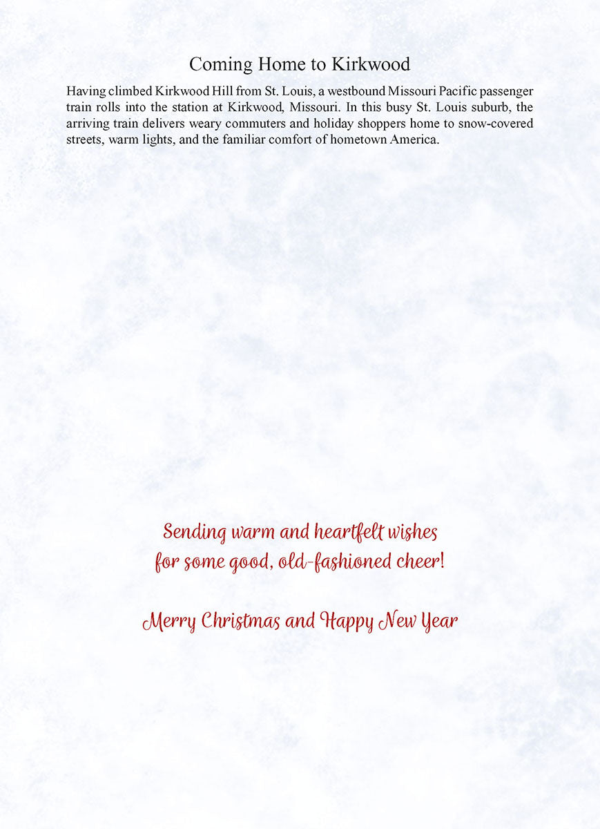 Inside of a holiday greeting card featuring the text 'Coming Home to Kirkwood' and 'Sending warm and heartfelt wishes for some good, old-fashioned cheer! Merry Christmas and Happy New Year' on a snowy background.