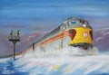 Vibrant painting of an Erie Lackawanna 823 train in silver, yellow, and red, powerfully cutting through deep snow with a signal tower, perfect for a festive winter greeting.
