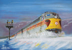 Vibrant painting of an Erie Lackawanna 823 train in silver, yellow, and red, powerfully cutting through deep snow with a signal tower, perfect for a festive winter greeting.