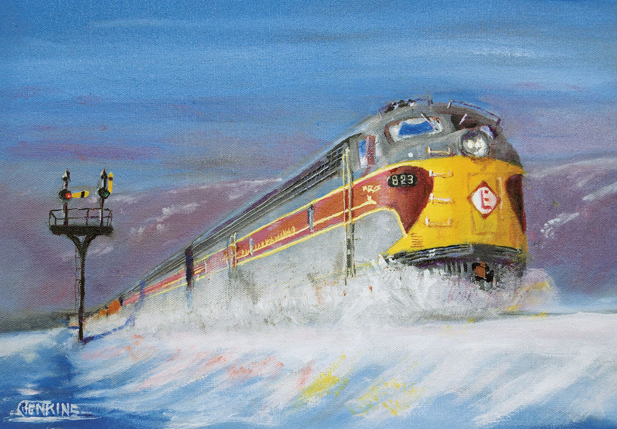 Vibrant painting of an Erie Lackawanna 823 train in silver, yellow, and red, powerfully cutting through deep snow with a signal tower, perfect for a festive winter greeting.