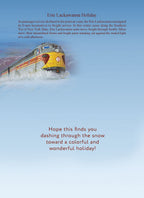 Erie Lackawanna Holiday greeting card message with vintage E-unit locomotive detail, featuring text about postwar freight service and holiday well wishes for a joyful season.
