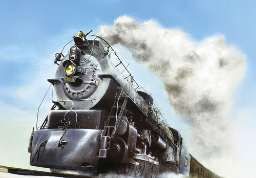Front of a vintage steam train, the 'Exposition Flyer 5629', against a blue sky with white smoke, charging forward; perfect for holiday greetings.