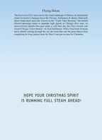 Inside view of an encouraging holiday greeting card on a light blue background. Elegant black text describes the historic 'Exposition Flyer' steam train and features the festive message: 'HOPE YOUR CHRISTMAS SPIRIT IS RUNNING FULL STEAM AHEAD!'