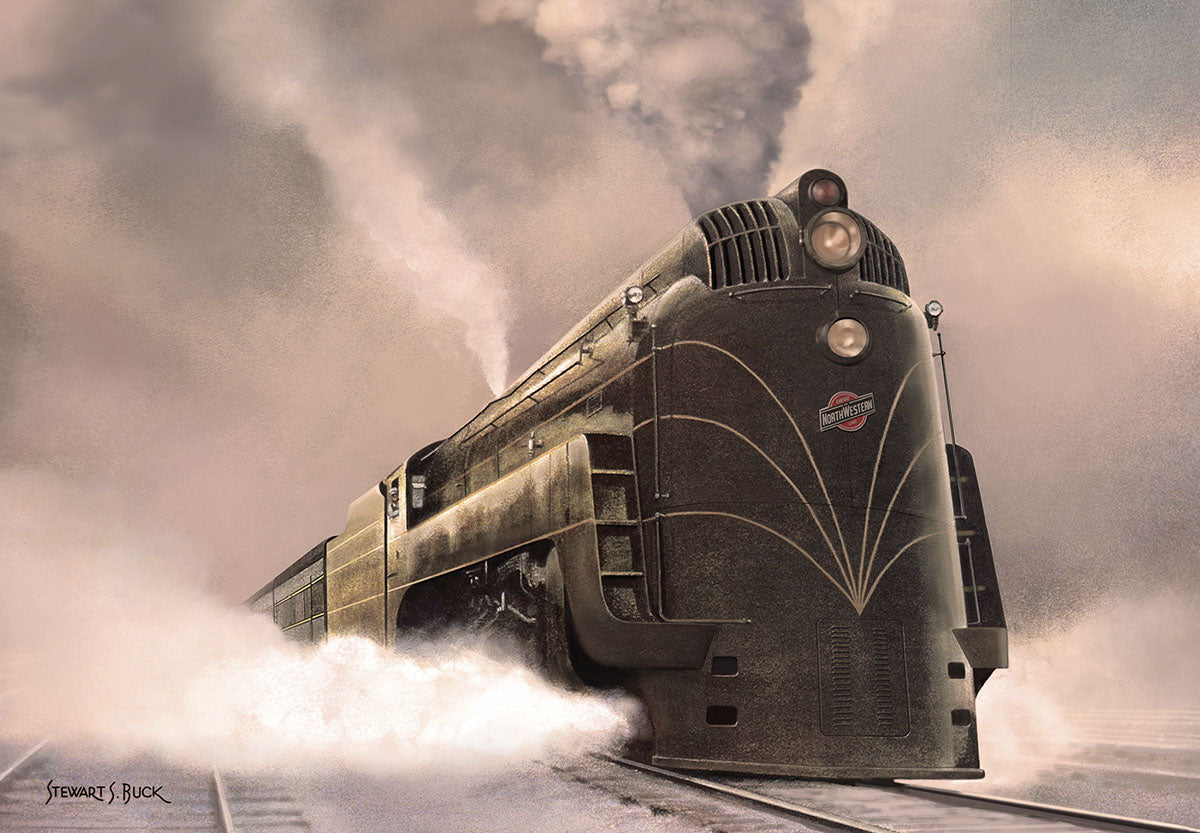 Vintage Chicago & North Western 49er streamlined Hudson steam locomotive train, in dark green with a red logo, emerging from a cloud of steam on tracks, evoking classic holiday travel.